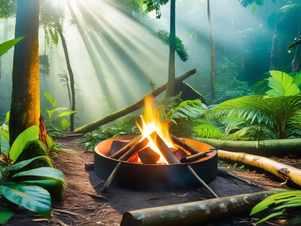 Guía supervivencia selva preppers: Campamento en la selva con libro, fogata, herramientas y naturaleza exuberante