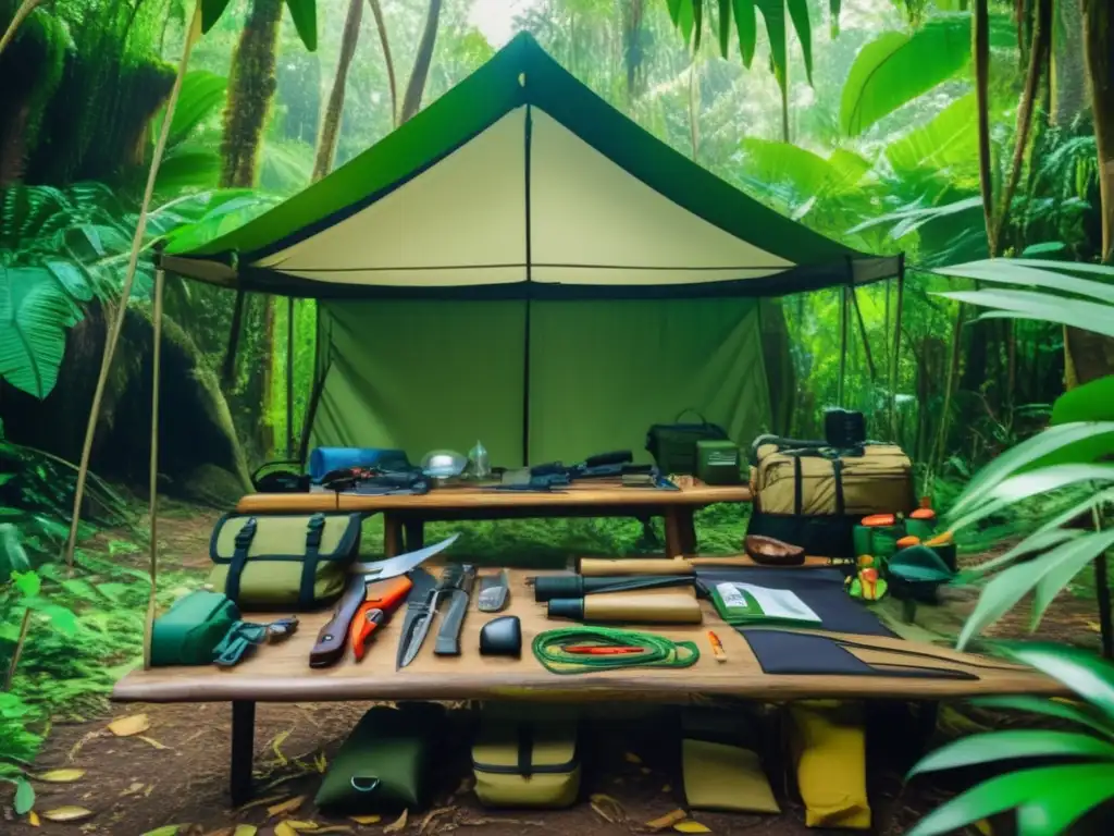 Preparación para supervivencia en la jungla: taller con herramientas, instructor y exuberante selva