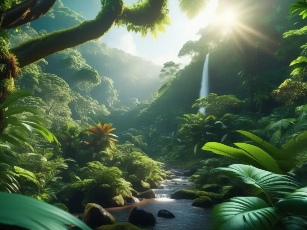 Resiliencia humana y naturaleza en armonía Guía práctica cambio climático preppers en exuberante y biodiverso bosque lluvioso, con árboles altos, flora, fauna y actividades sostenibles