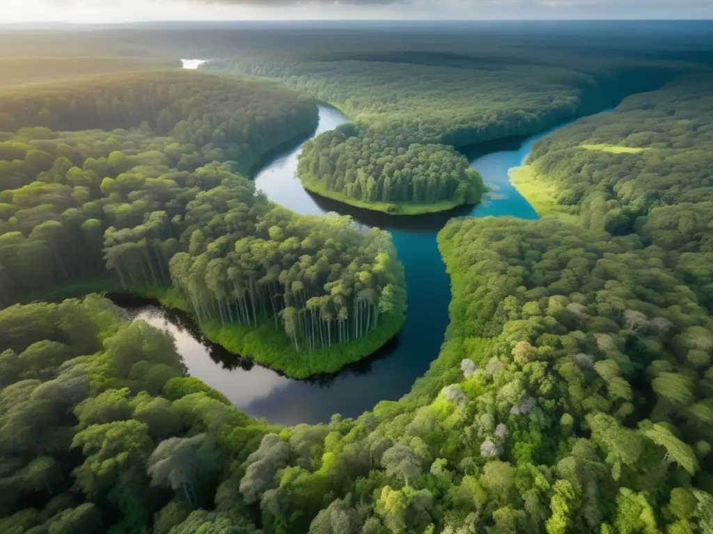 Vista aérea impresionante de un frondoso bosque verde, lleno de vida y serenidad