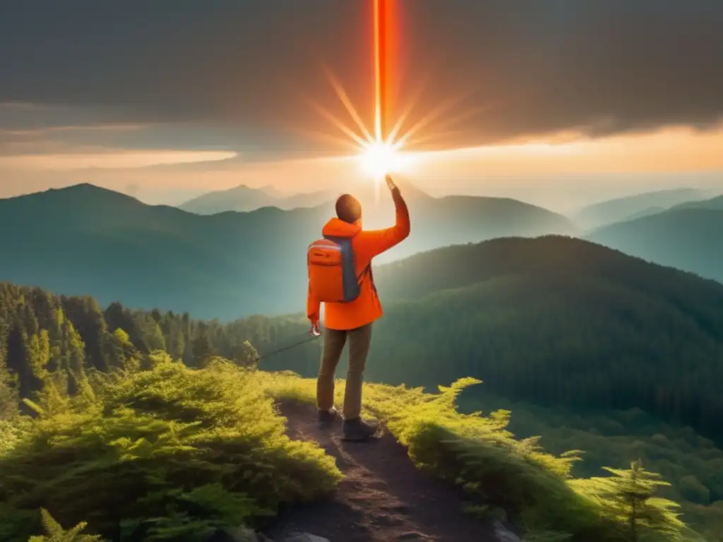 Señales emergencia efectivas, persona en montaña con espejo señalizador reflejando luz y rodeado de bosque denso