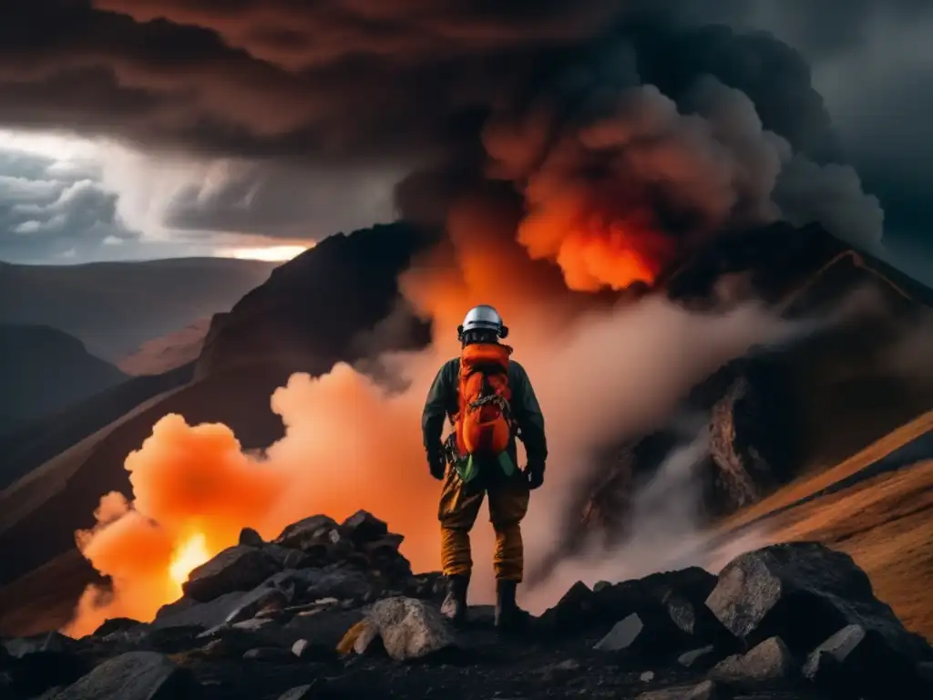 Señales de humo en emergencias: paisaje montañoso con nubes oscuras, figura solitaria en un acantilado rocoso, humo naranja vibrante