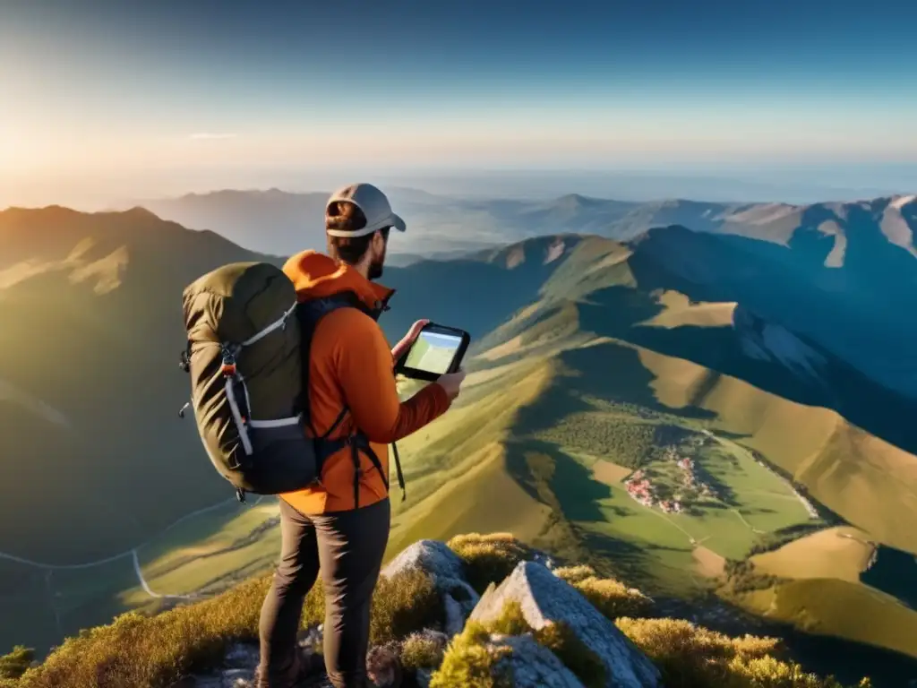 Hiker en la cima de la montaña usando GPS para comunicación de emergencia