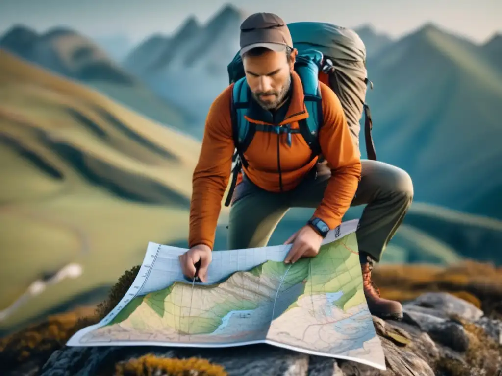 Hiker en montaña con mapa topográfico, equipo de supervivencia y paisaje impresionante