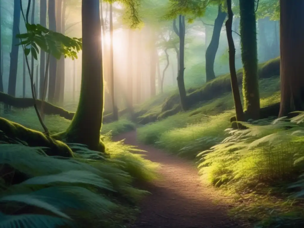 Sendero misterioso en el bosque oscuro Sendero misterioso en bosque denso al atardecer
