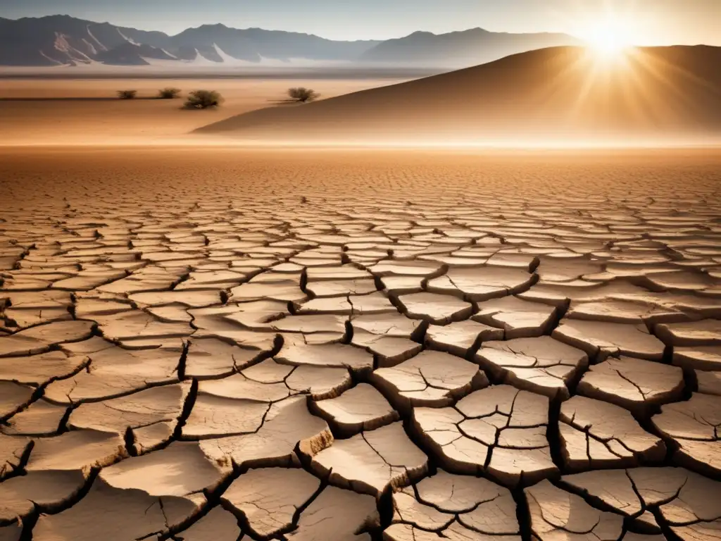 Impacto del cambio climático en la supervivencia: paisaje desolado y seco con plantas marchitas, reflejando la escasez de agua