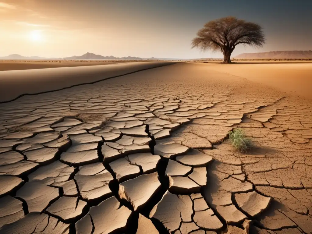 Guía supervivencia sequía: paisaje desolado, suelo seco y vida vegetal marchita