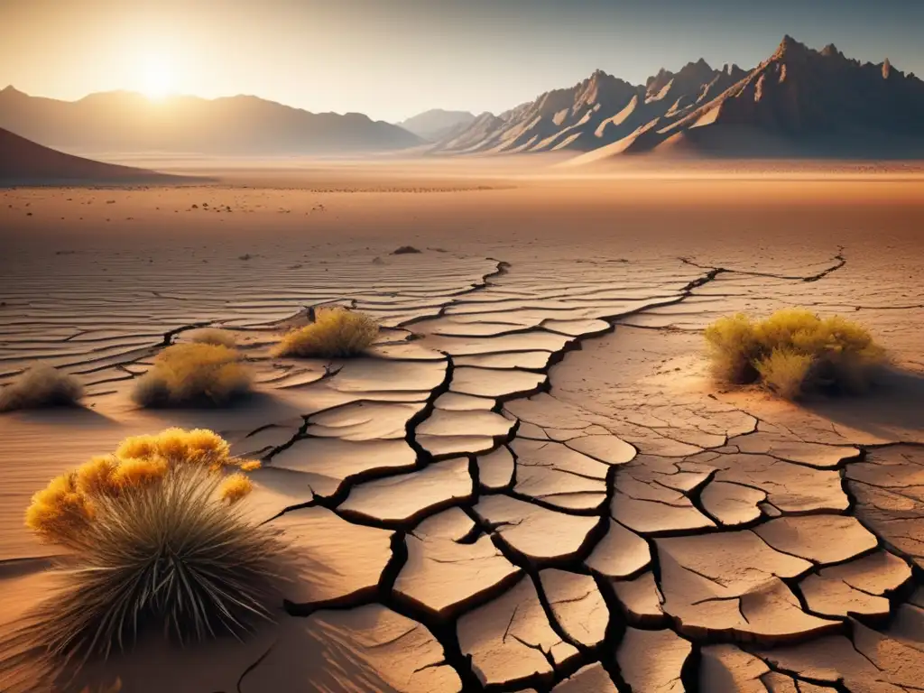 Paisaje árido y seco con montañas y figura solitaria - Preparación para sequías y supervivencia