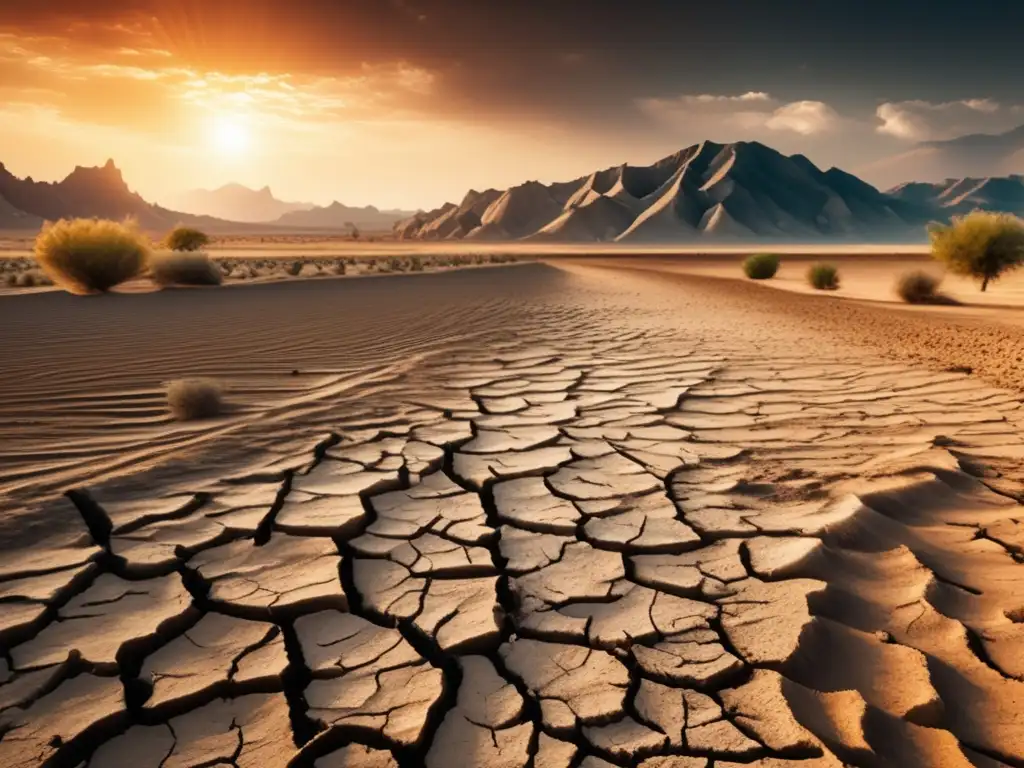 Paisaje árido y seco con cultivos marchitos y suelos agrietados, simbolizando el impacto del cambio climático en la alimentación