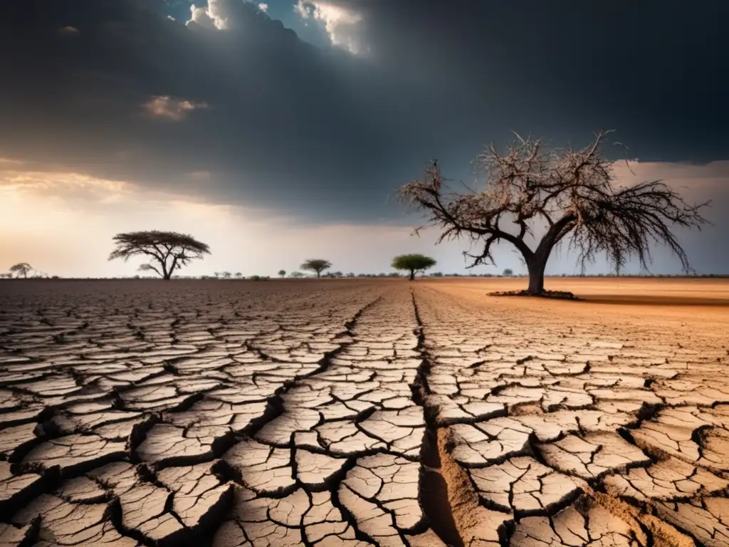 Paisaje desolado y seco con tierra agrietada, árboles marchitos y cultivo marchito