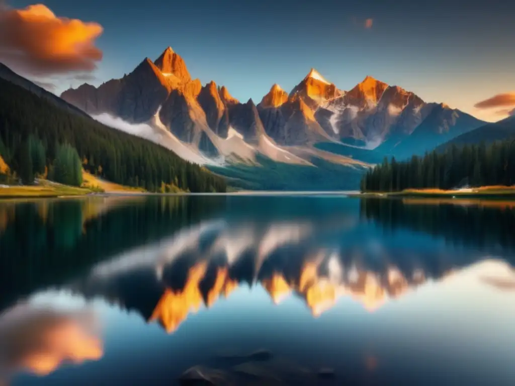 Paisaje de montaña al atardecer con laguna cristalina reflejando los colores vibrantes del cielo y las montañas