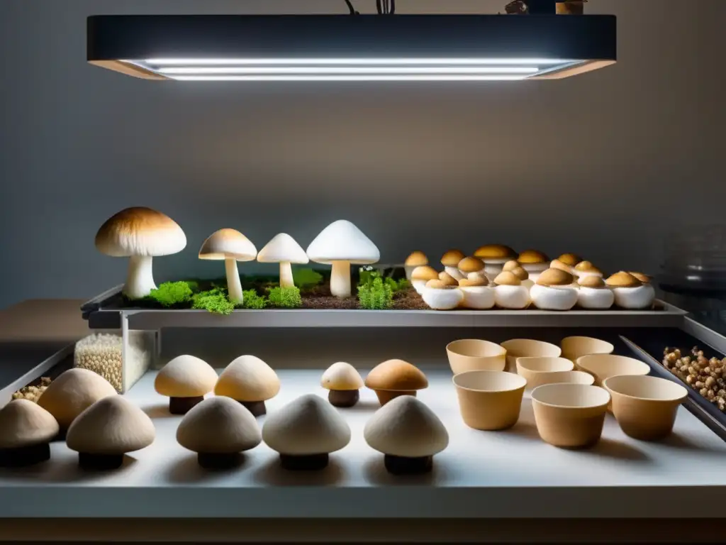 Cultivo de hongos en casa paso a paso: área de cultivo moderna y elegante, iluminada naturalmente, con mesa organizada y herramientas precisas