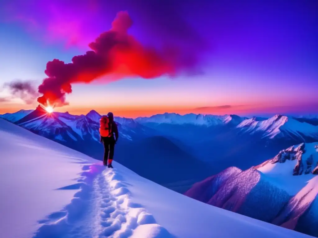 Paisaje montañoso al atardecer con hiker sosteniendo señal SOS, evocando importancia y esperanza