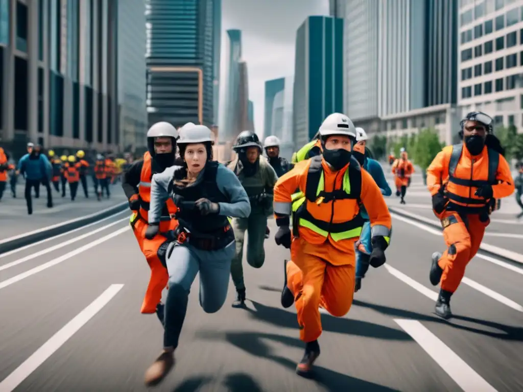 Simulacro de escape urbano con diverso grupo Manejo de la huida en crisis: grupo diverso de personas en simulacro de escape urbano de alta resolución