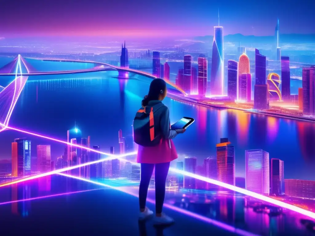 Ciudad futurista con luces neón y fallos en redes móviles