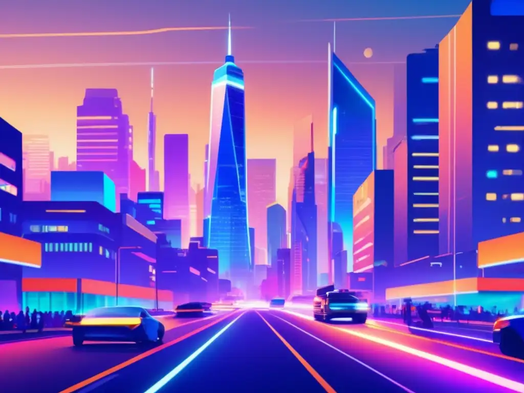 Ciudad moderna en el atardecer: seguridad y transporte Ciudad moderna con rascacielos iluminados, gente apresurada y vehículos futuristas: Manejo de la huida en crisis