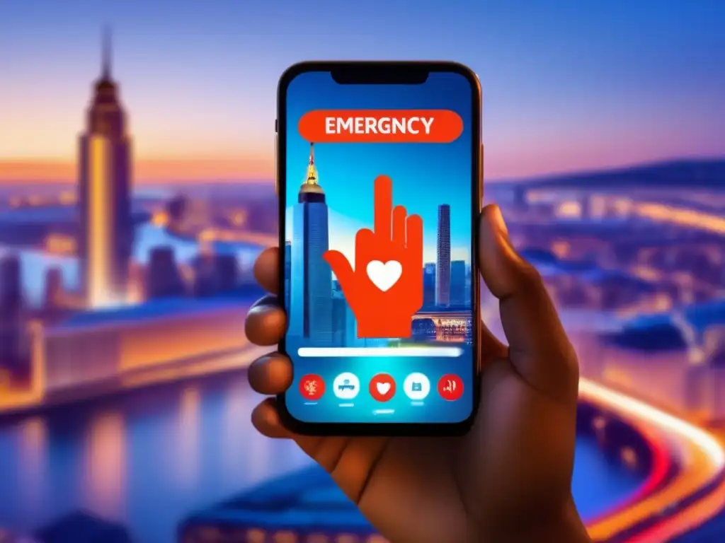Un smartphone muestra una app de señales de mano para comunicación de emergencia en una ciudad nocturna