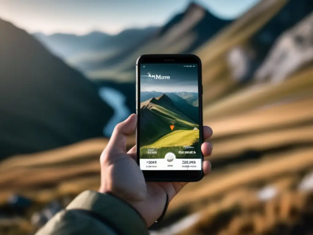 'Persona con smartphone en paisaje montañoso, mostrando utilidades en emergencias'