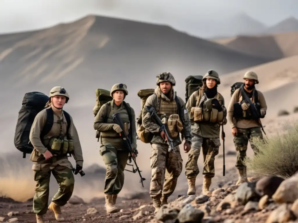 Seminarios supervivencia guerra: grupo diverso en paisaje árido, llevando equipo camuflaje, demostrando técnicas supervivencia