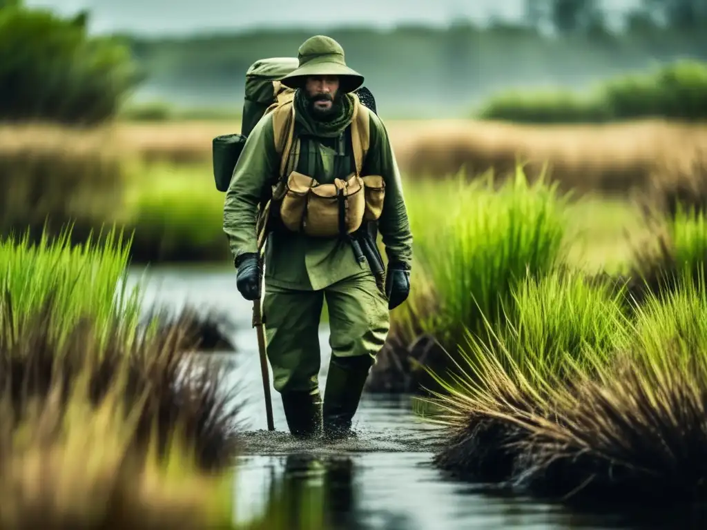 Preparación en terrenos pantanosos: Guía para preppers - Persona navegando por un pantano denso y desafiante