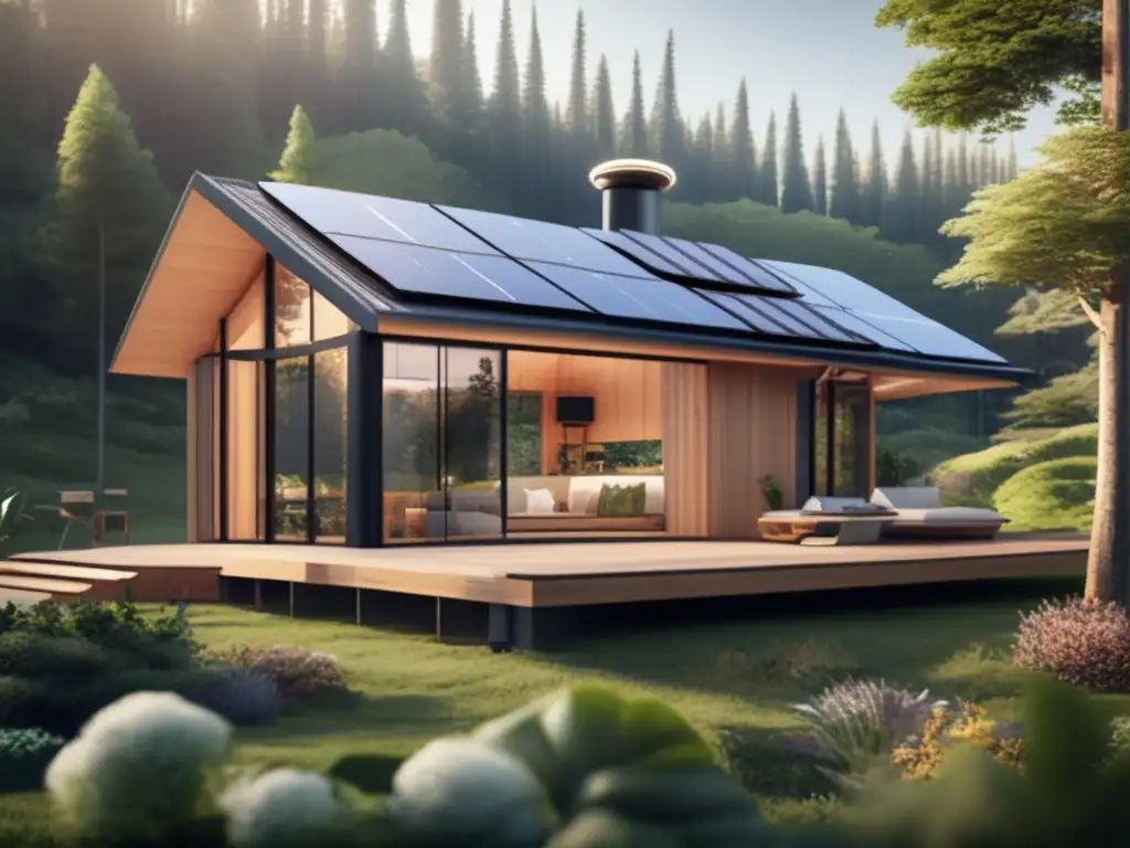 Cabaña solar off-grid en bosque verde con energía renovable