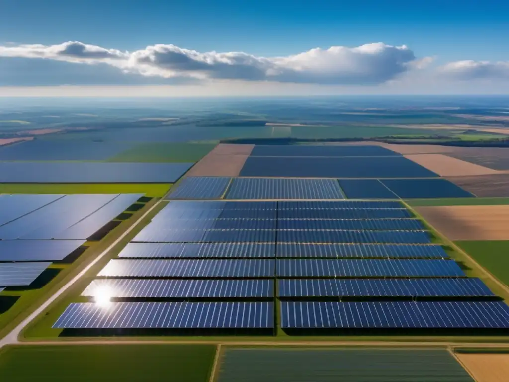 Hermosa vista aérea de una granja solar con paneles alineados capturando energía renovable