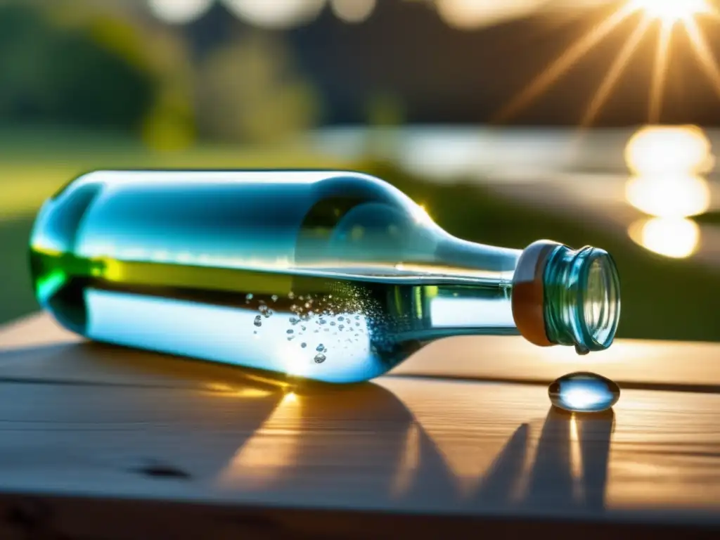 Botella agua cristalina en mesa de madera, luz solar, purificación ecofriendly (110 caracteres)