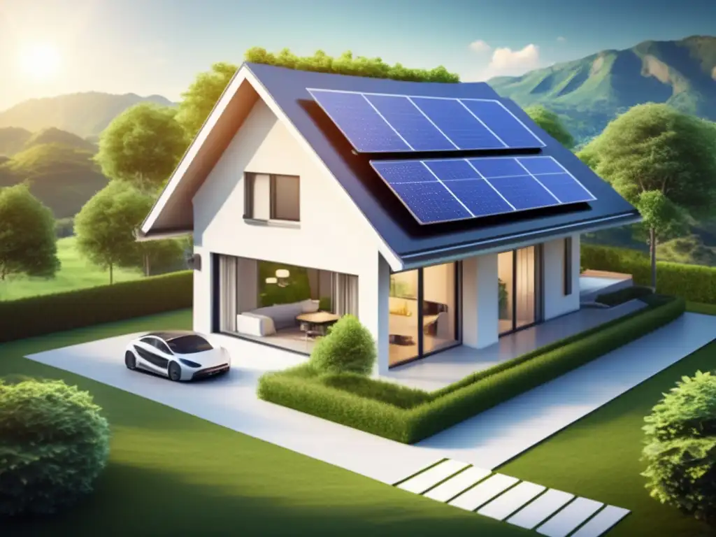 Ventajas de sistemas seguridad energía solar, casa residencial moderna con paneles solares, naturaleza verde y energía sostenible