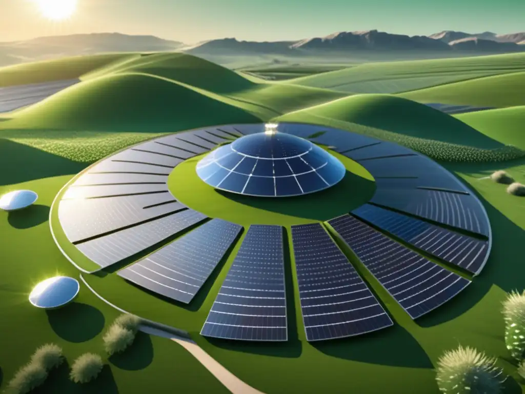 Eficiencia energética en sistemas renovables: planta solar futurista en paisaje verde con paneles solares y almacenamiento de energía