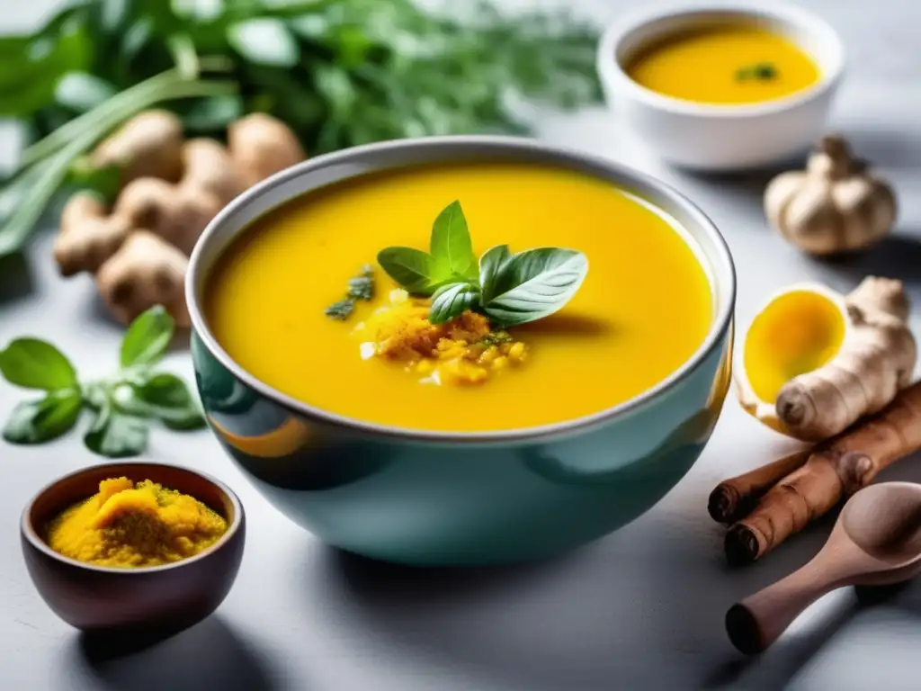 Bowl de sopa de jengibre y cúrcuma, con hierbas frescas y especias, en una encimera blanca