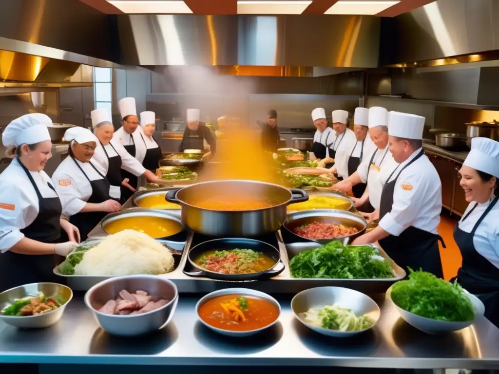 Escena vibrante de cocina con chefs y voluntarios preparando sopas y caldos con sobras de comida