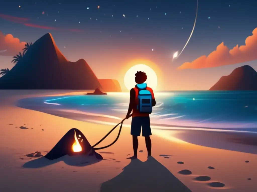 Persona en isla desierta enviando señal SOS con dispositivo de comunicación y antorcha