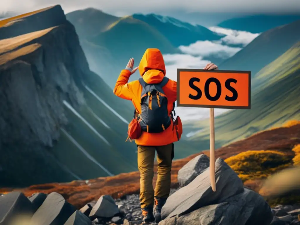 Importancia de señales SOS en emergencias: persona pidiendo ayuda con un cartel en paisaje dramático