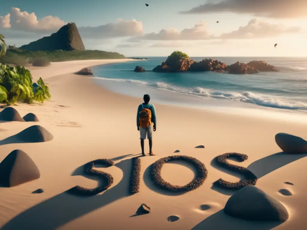 Persona en una isla desierta, con señal SOS: Importancia de señales SOS en emergencias