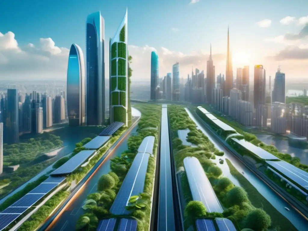 Preparación para el cambio climático: ciudad futurista sostenible con energía renovable y transporte eco-friendly