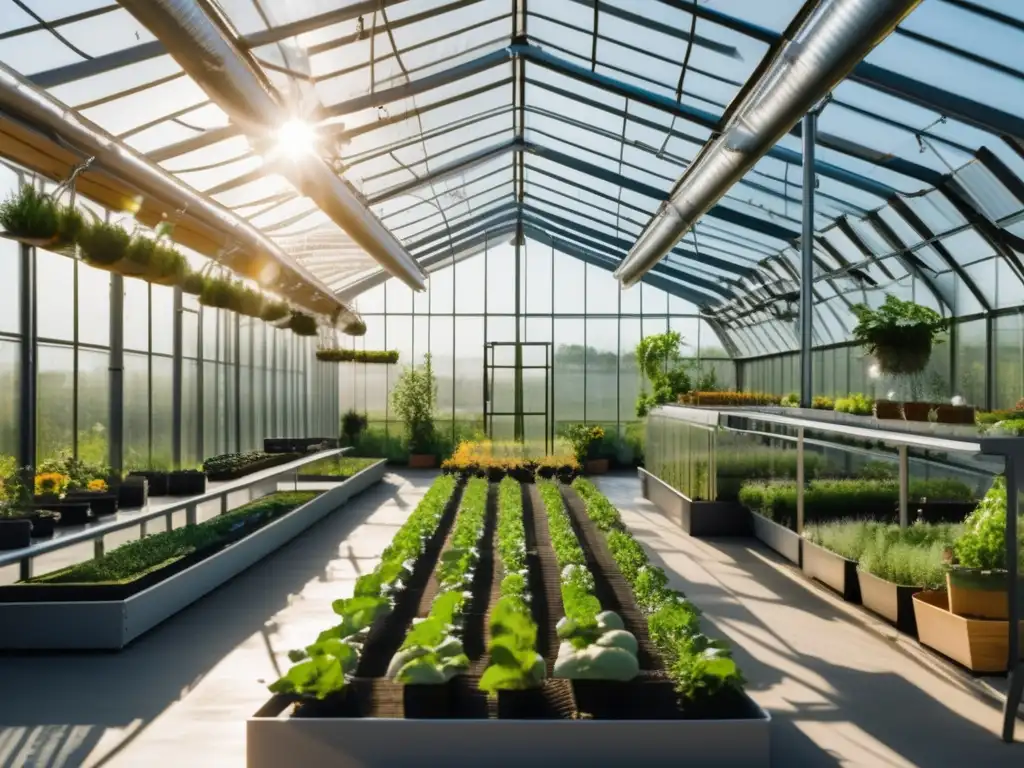 Invernadero sostenible rodeado de vegetación, simbolizando la preparación ante el cambio climático