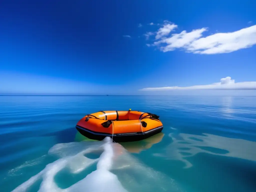 Sobrevivir a la deriva en el mar: imagen de supervivencia en un bote inflable, con dispositivos de comunicación y señalización