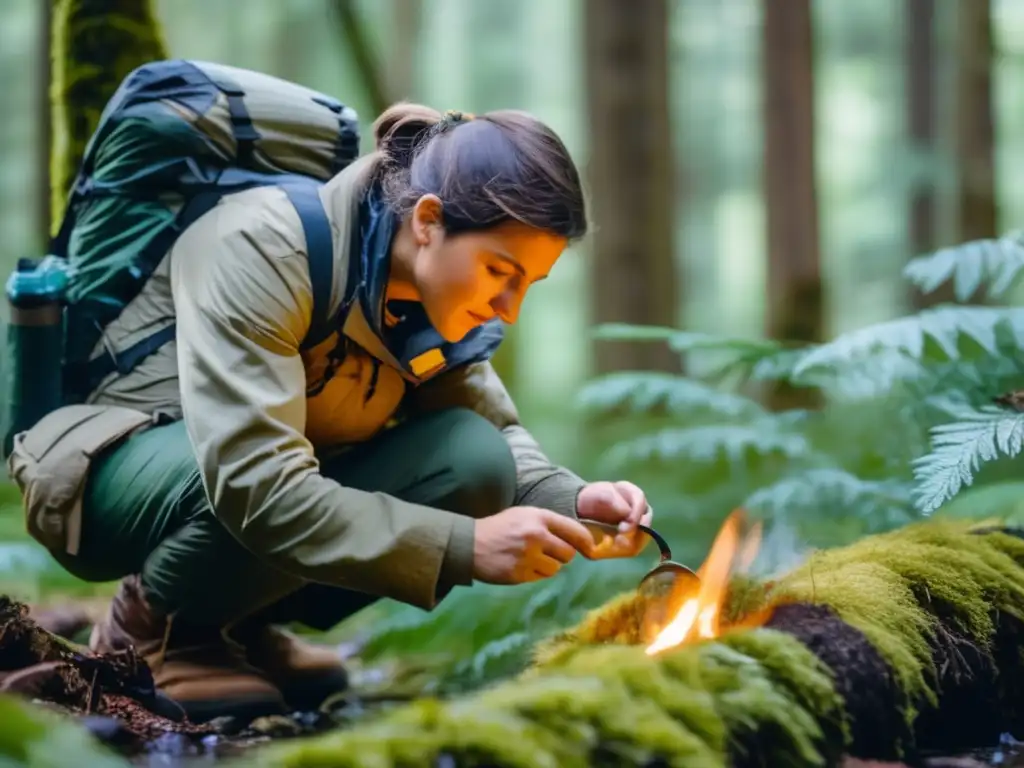 Persona en escenario de supervivencia en la naturaleza, demostrando habilidades prácticas para emergencias