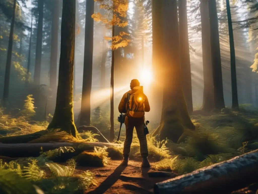 Supervivencia en el bosque: persona con equipo de supervivencia, códigos y señales