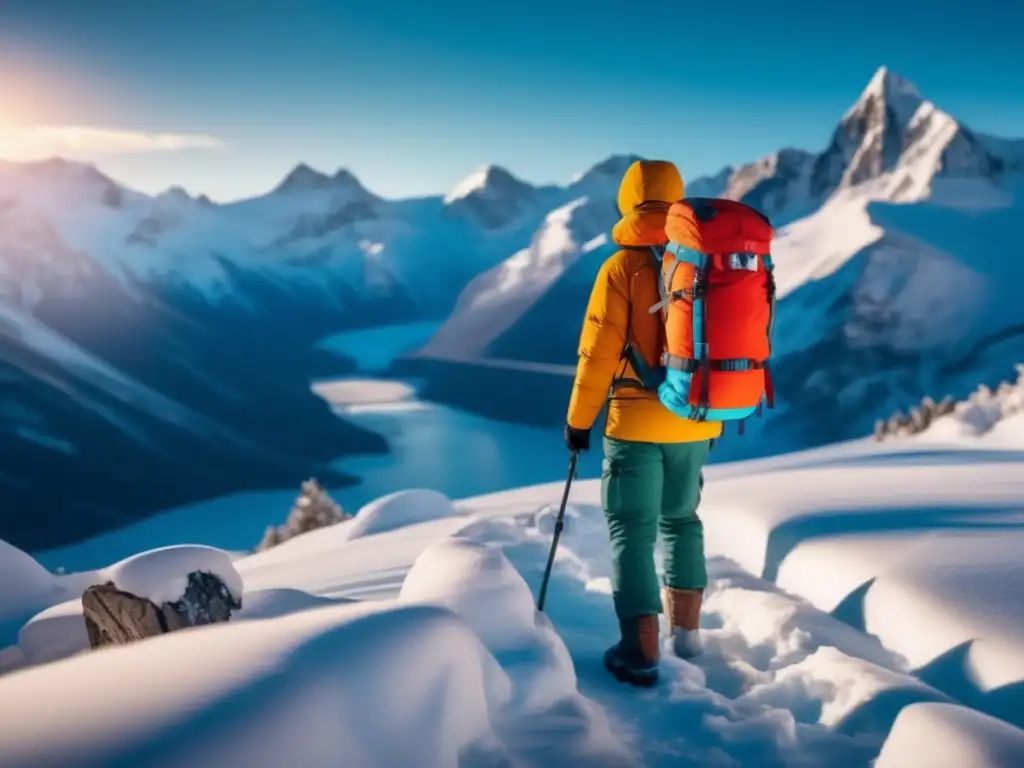 Preparación invierno extremo: figura solitaria contra montañas nevadas, equipo y determinación