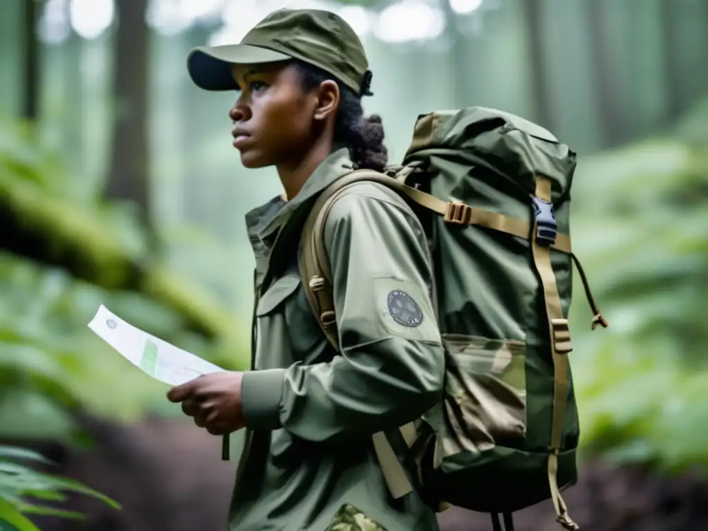 Persona preparada para situaciones de emergencia en un bosque con mochila de supervivencia, rodeada de naturaleza