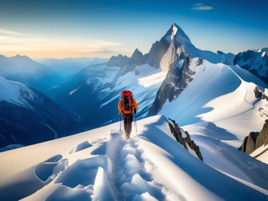 Técnicas de supervivencia en montañas: Hiker afrontando desafíos en paisaje alpino nevado