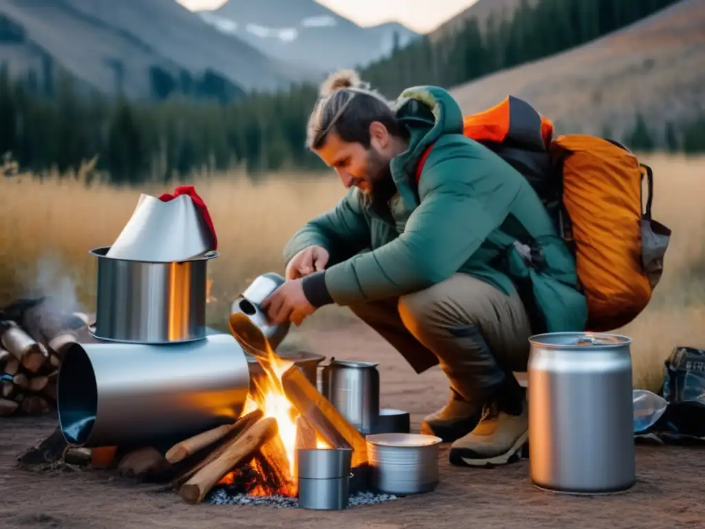 Superviviente reutilizando latas de aluminio en un entorno desafiante con hoguera y utensilios caseros (110 caracteres)