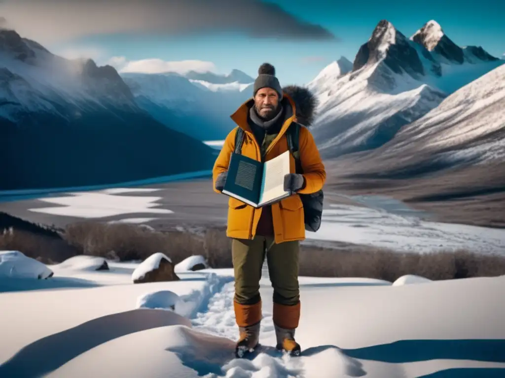 Persona preparada con libro de supervivencia invierno preppers en paisaje nevado, evocando aventura y belleza natural