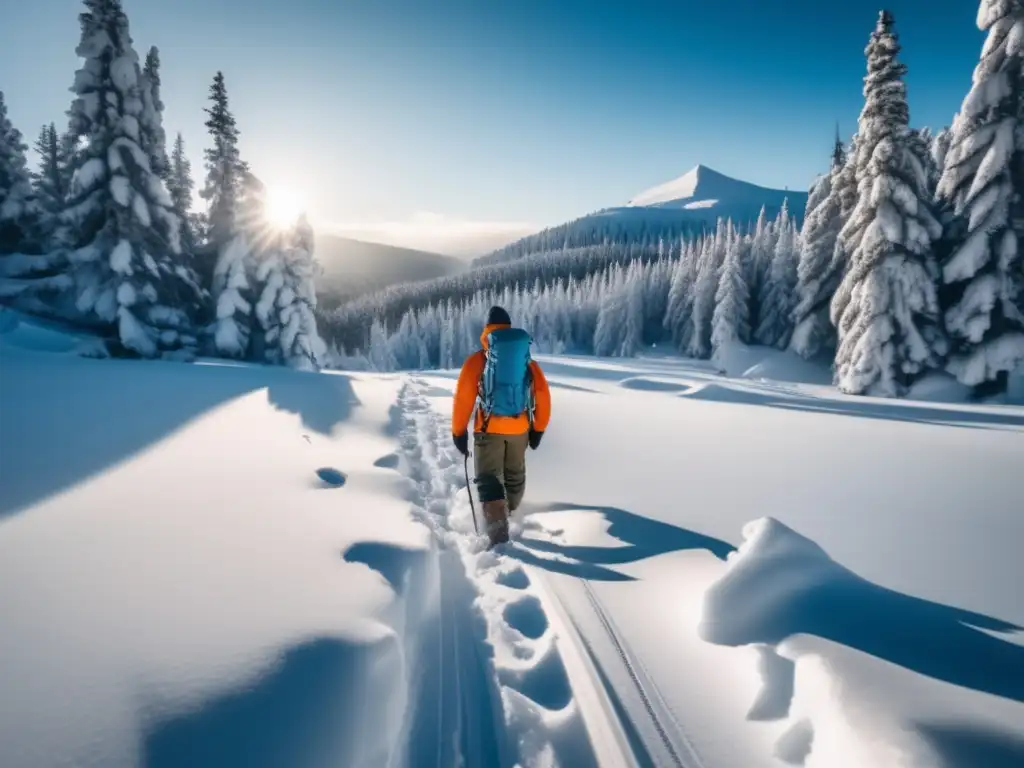 Taller invierno supervivencia preppers: paisaje nevado 8k, persona junto fogata, construcción refugio, comida preparada