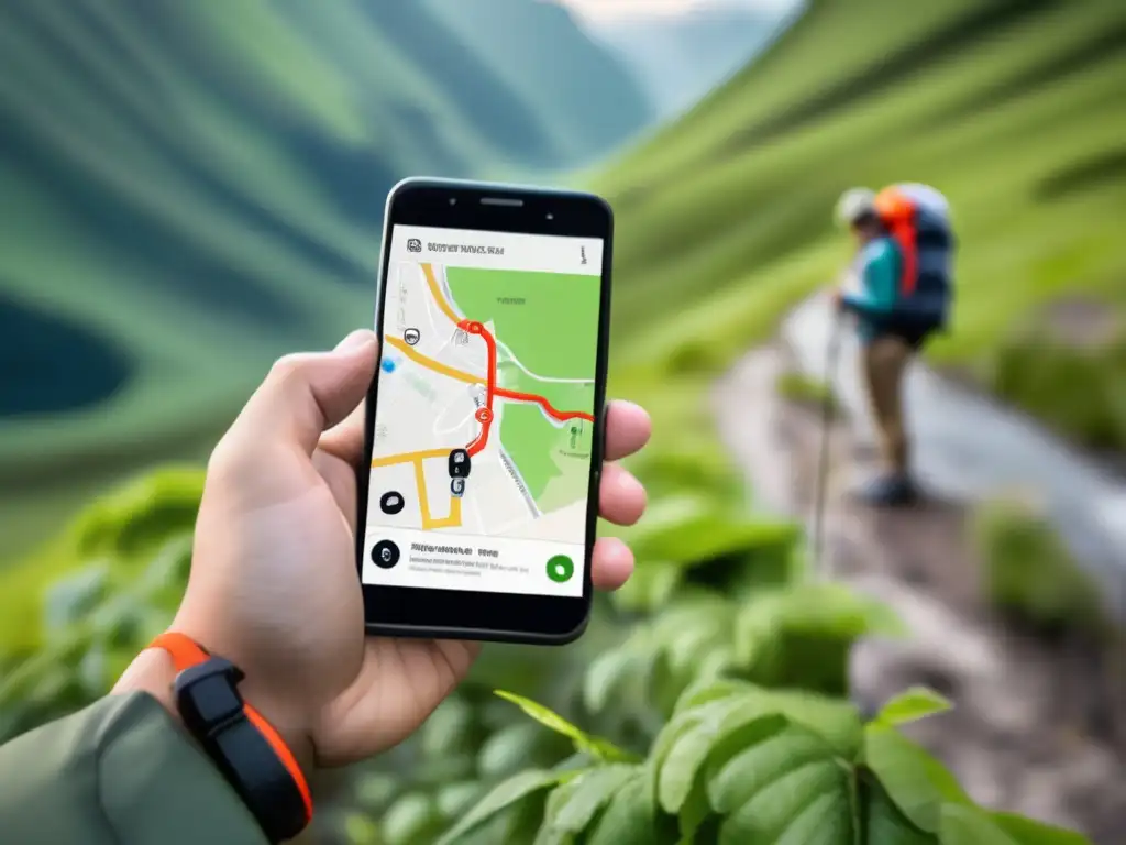 Persona utilizando smartphone para supervivencia en entorno natural