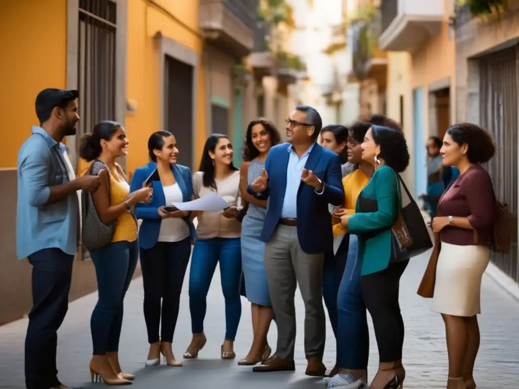 Importancia grupos preparacionismo urbano: imagen de diverso grupo en entorno urbano, discutiendo y colaborando