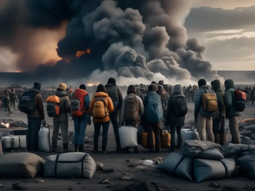 Equipamiento esencial para sobrevivir desastre ambiental: huddled survivors amidst devastation, organized survival kits