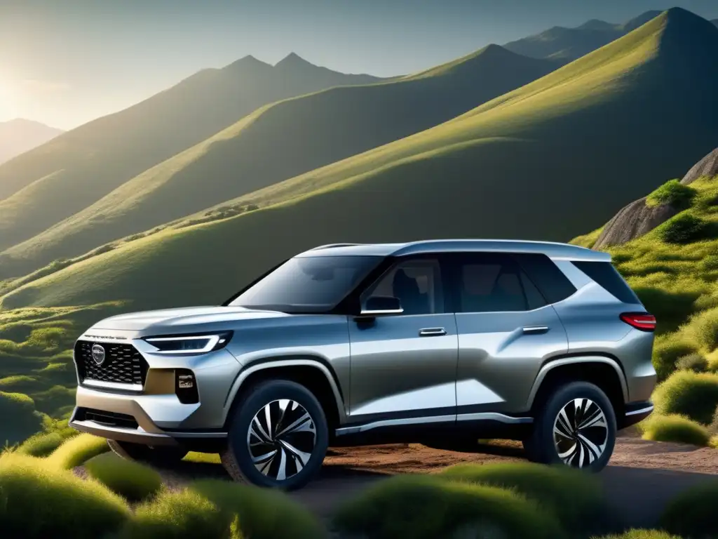 Vehículo SUV moderno en terreno montañoso, rodeado de vegetación exuberante