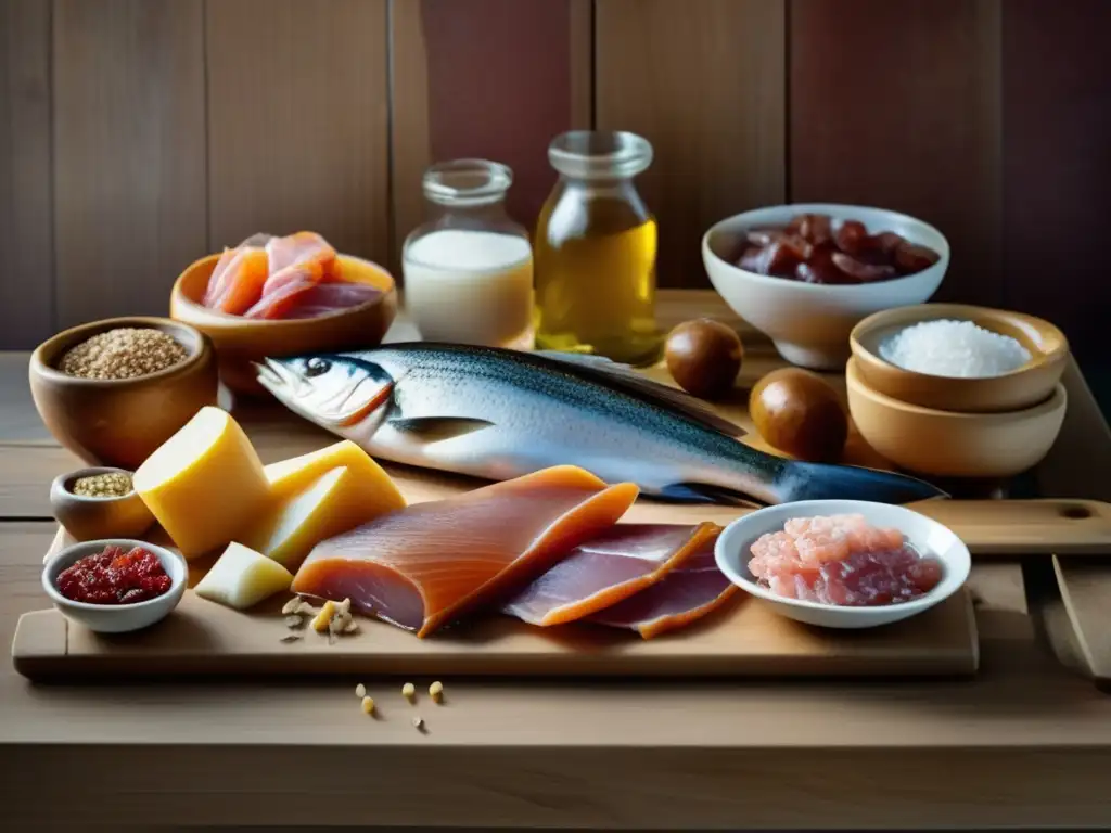 Mesa de madera con alimentos salados Técnicas de salazón de alimentos en situaciones de supervivencia
